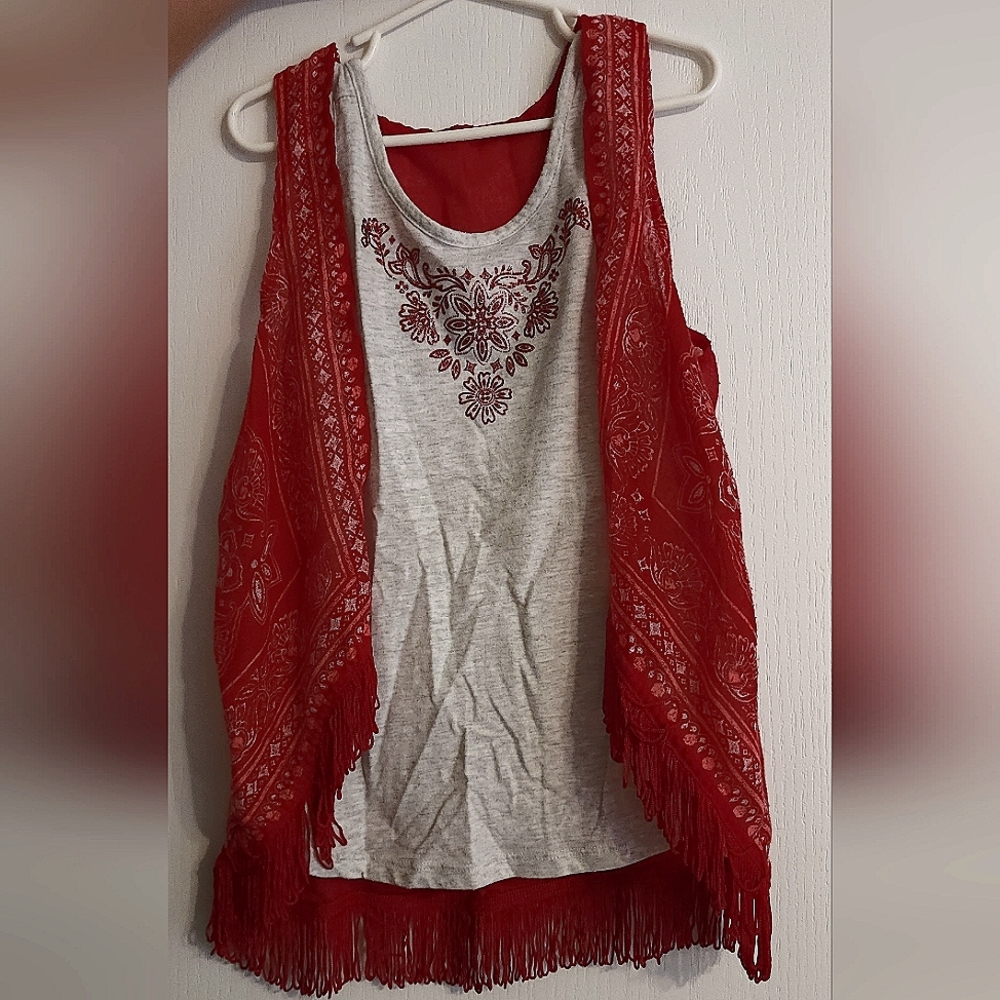 Justice grey tank top with red glitter design and matching red sleeveless vest